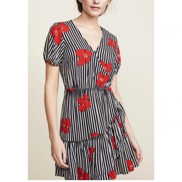 Madewell Black & White Stripe Red Floral Wrap Dress- Ruffle Skirt- Size 8 - Picture 2 of 7